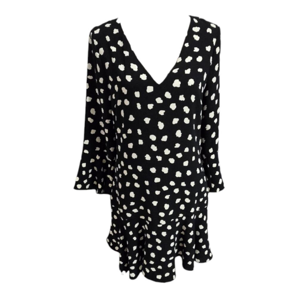Julie Brown NYC Black Polka Dot‎ Bell Sleeve Print Dress Size 8 New